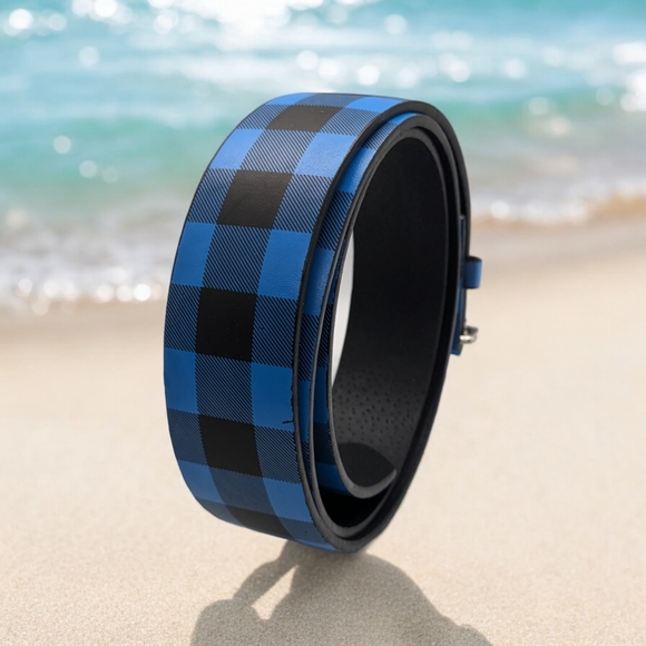 Genuine Leather belt with blue plaid - Picture 2 of 4
